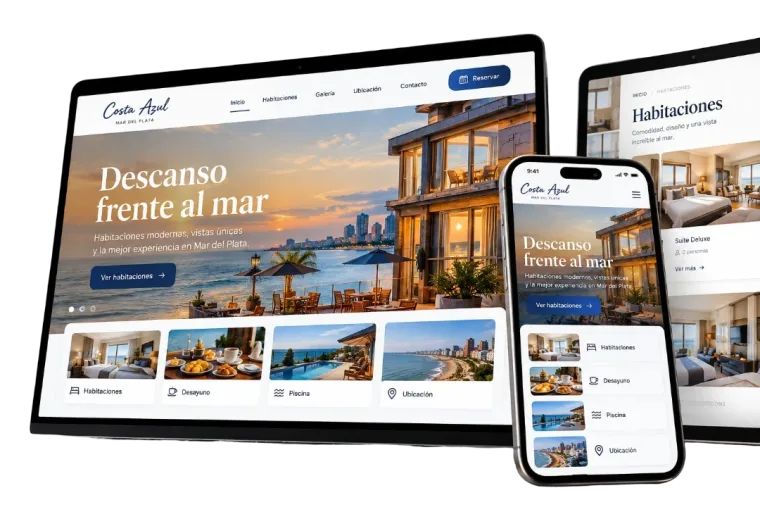 Ejemplo de web hecha por GesArg en computadora, tablet y celular